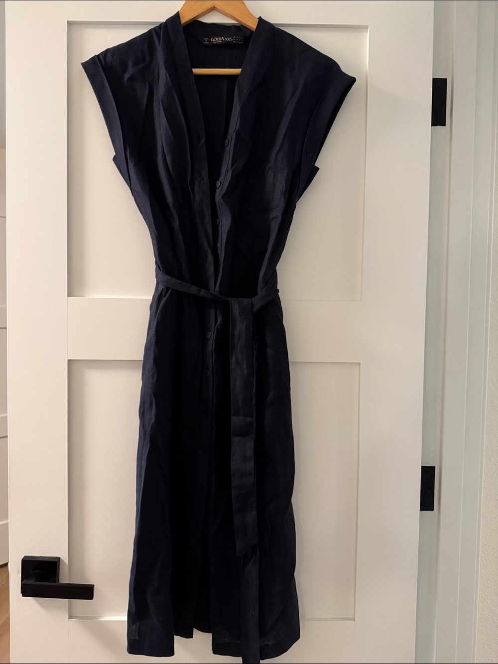 100% linen navy blue midi dress